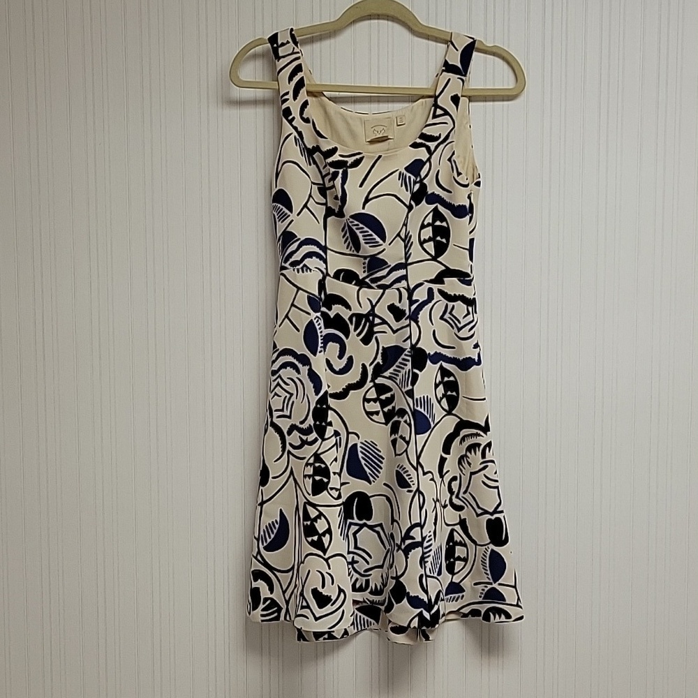Vanessa Virginia Anthropologie women's sleeveless cream black blue dress sz 0 - Picture 1 of 6